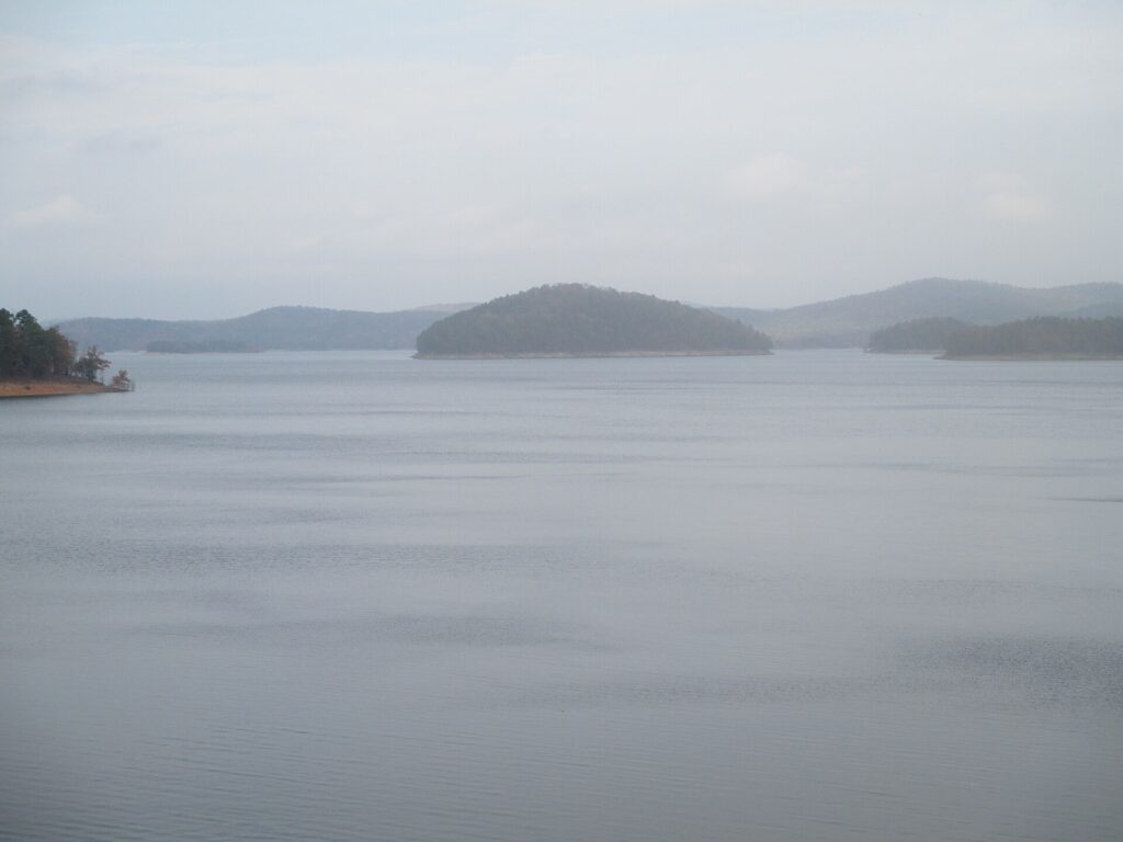 Calm water and wooded islands on Broken Bow Lake in southeastern Oklahoma