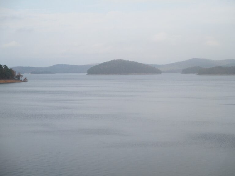 Calm water and wooded islands on Broken Bow Lake in southeastern Oklahoma