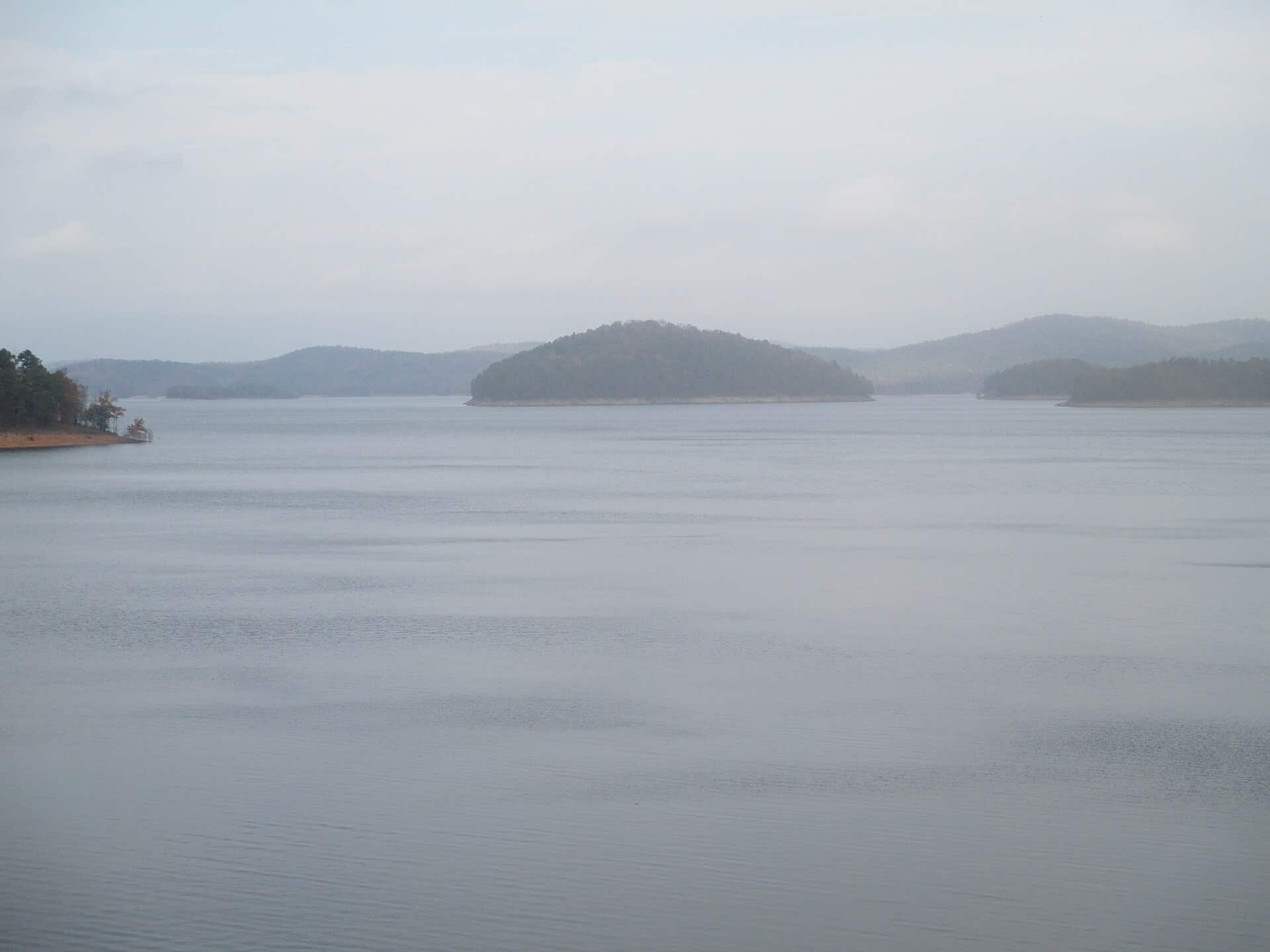 Calm water and wooded islands on Broken Bow Lake in southeastern Oklahoma