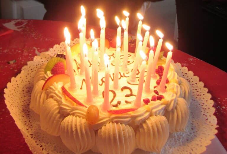 Birthday cake topped with lit candles for a celebration