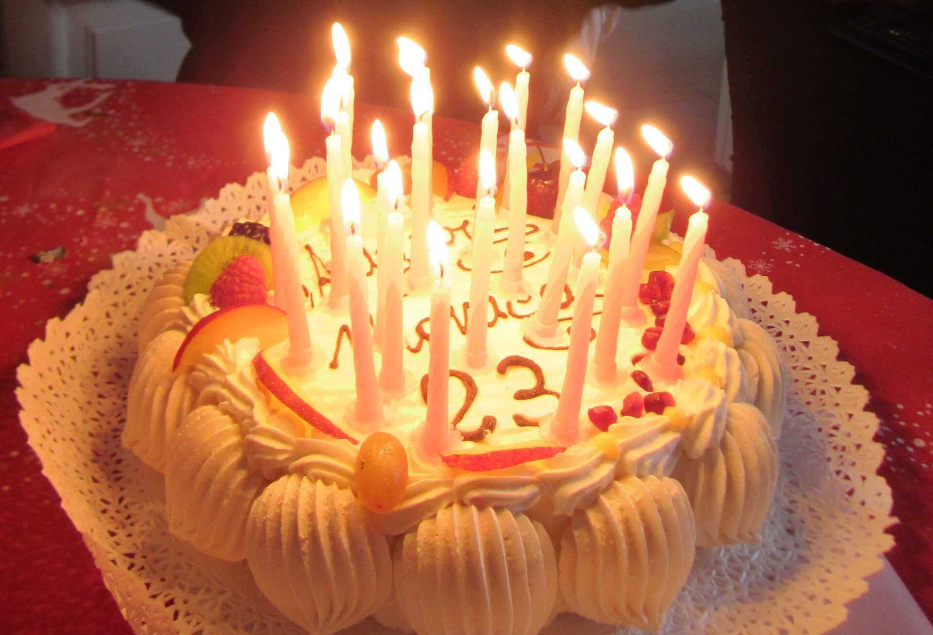 Birthday cake topped with lit candles for a celebration