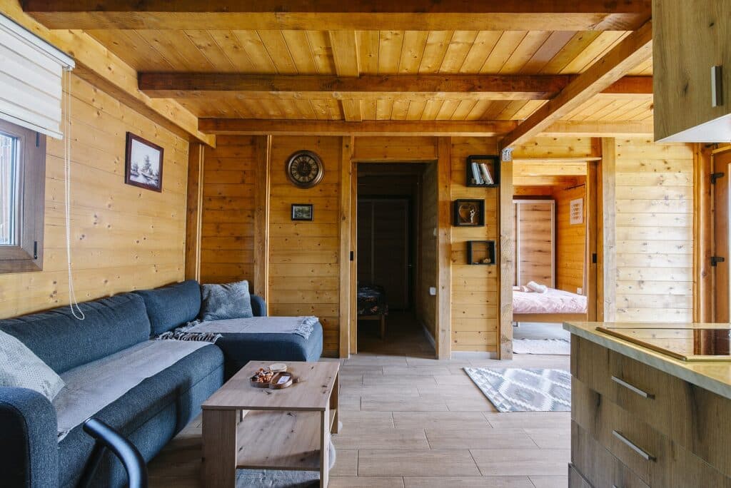 Cozy cabin living room with wood-paneled walls and a comfortable sofa