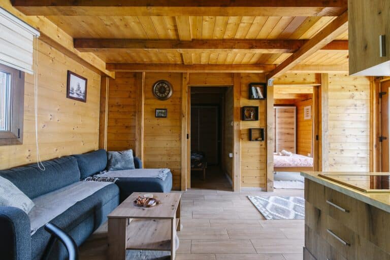 Cozy cabin living room with wood-paneled walls and a comfortable sofa