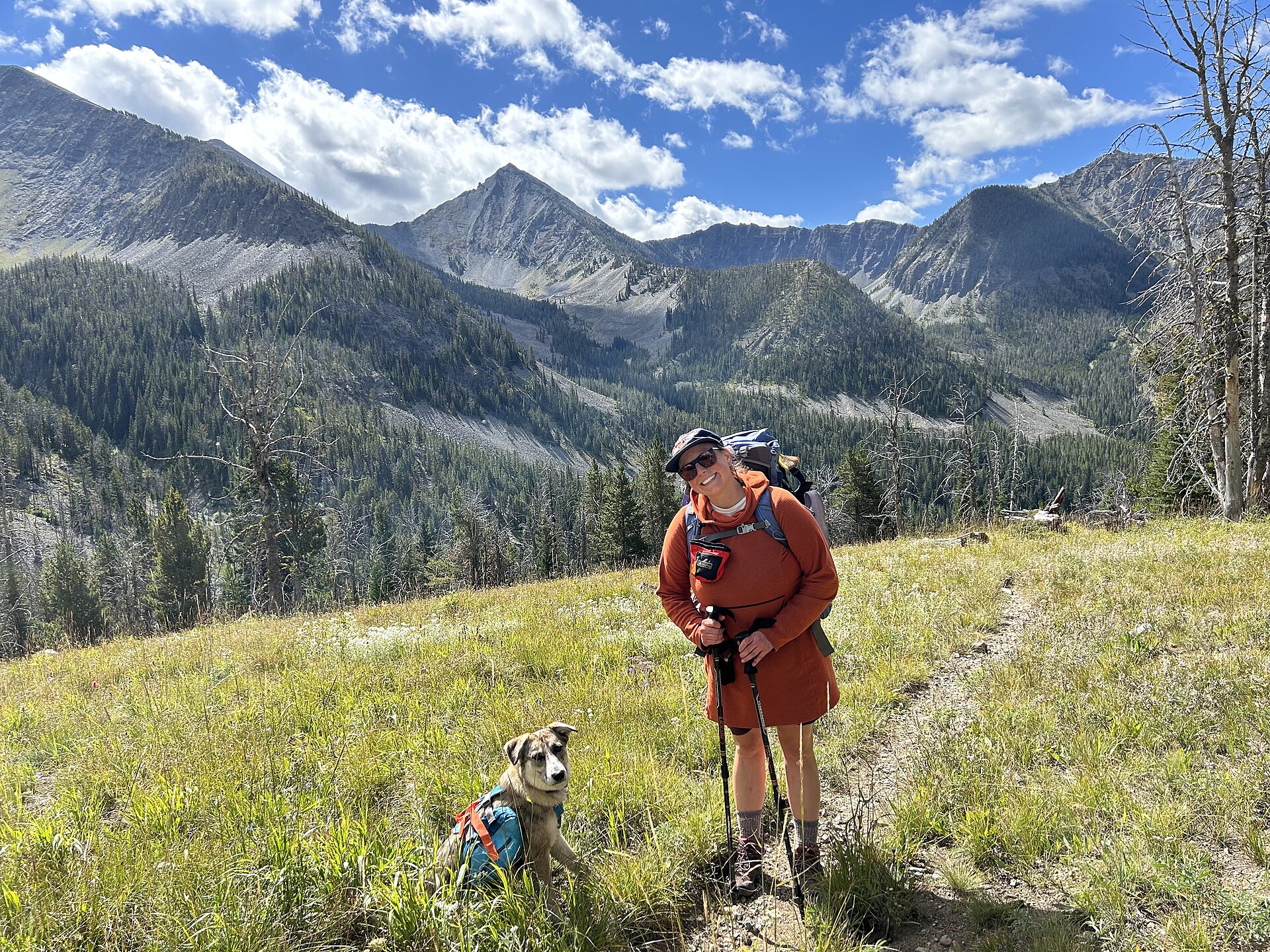 Hiker and her dog pausing on a forest trail